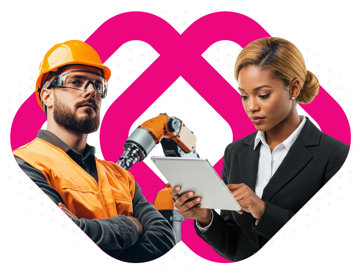 Klipboard Double Diamond logo with lady using tablet and manufacturing worker and brand pattern