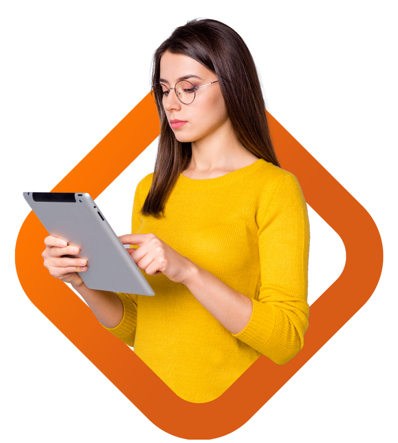 Klipboard Rental Sector Female using tablet in orange theme