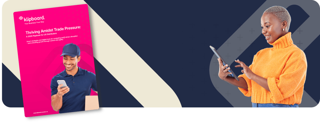 Banner with Thriving amidst trade pressure whitepaper for North America, and lady reading Klipboard whitepaper on tablet.