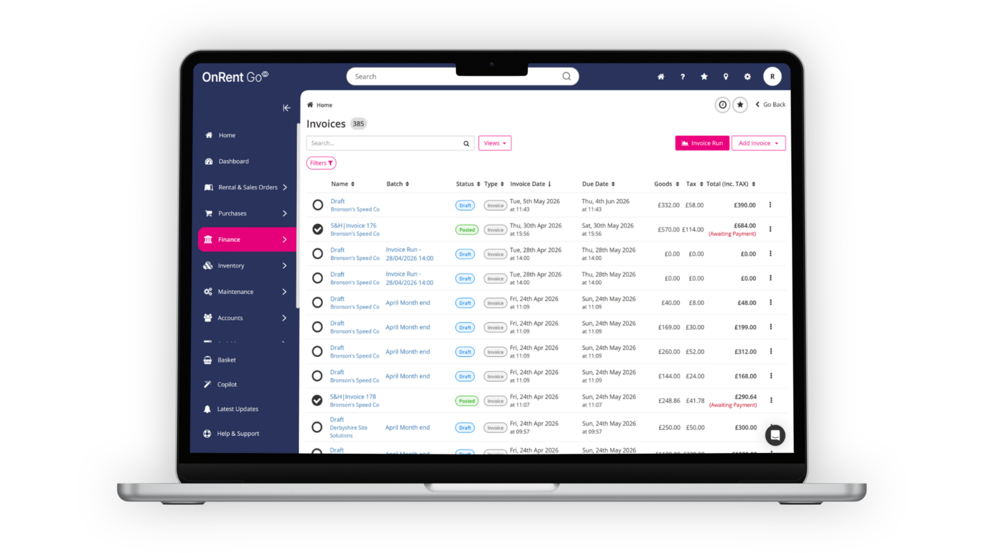 OnRent Go Laptop Mockup - Invoicing