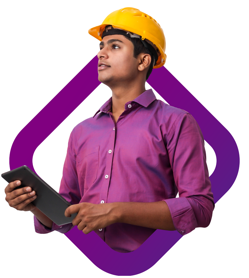 Klipboard Manufacturing sector, manager with hard hat and software on a tablet in manufacturing business