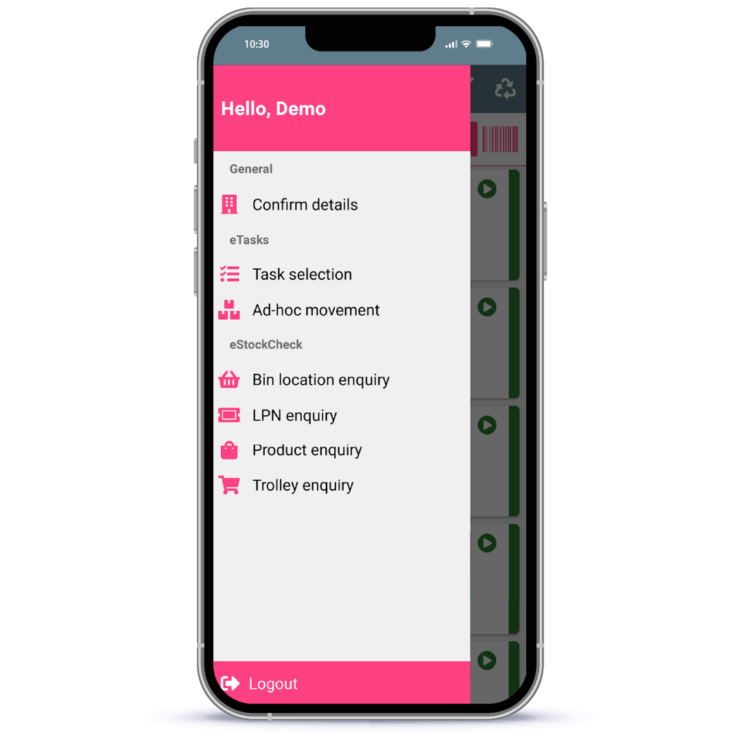 Beheerscherm van de eWarehouse-app