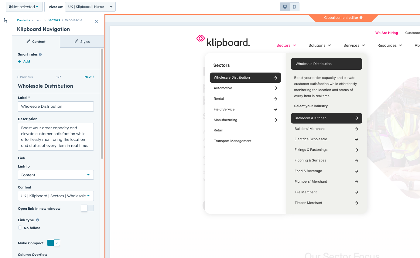 Live dropdown menu showing all levels and styling