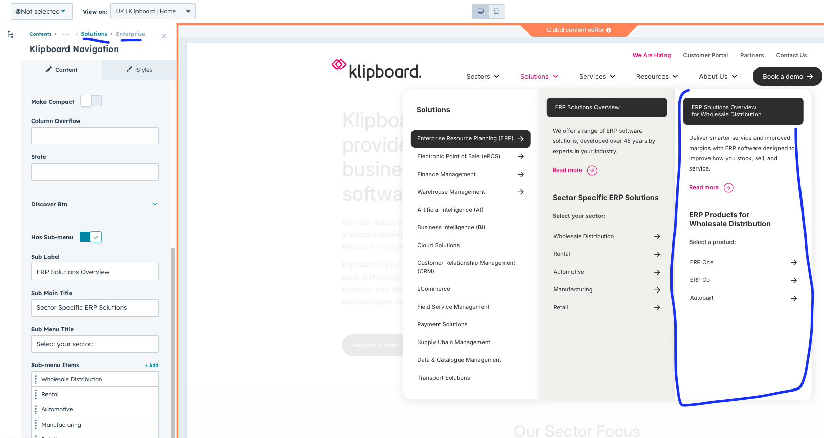 Third level dropdown menu configuration