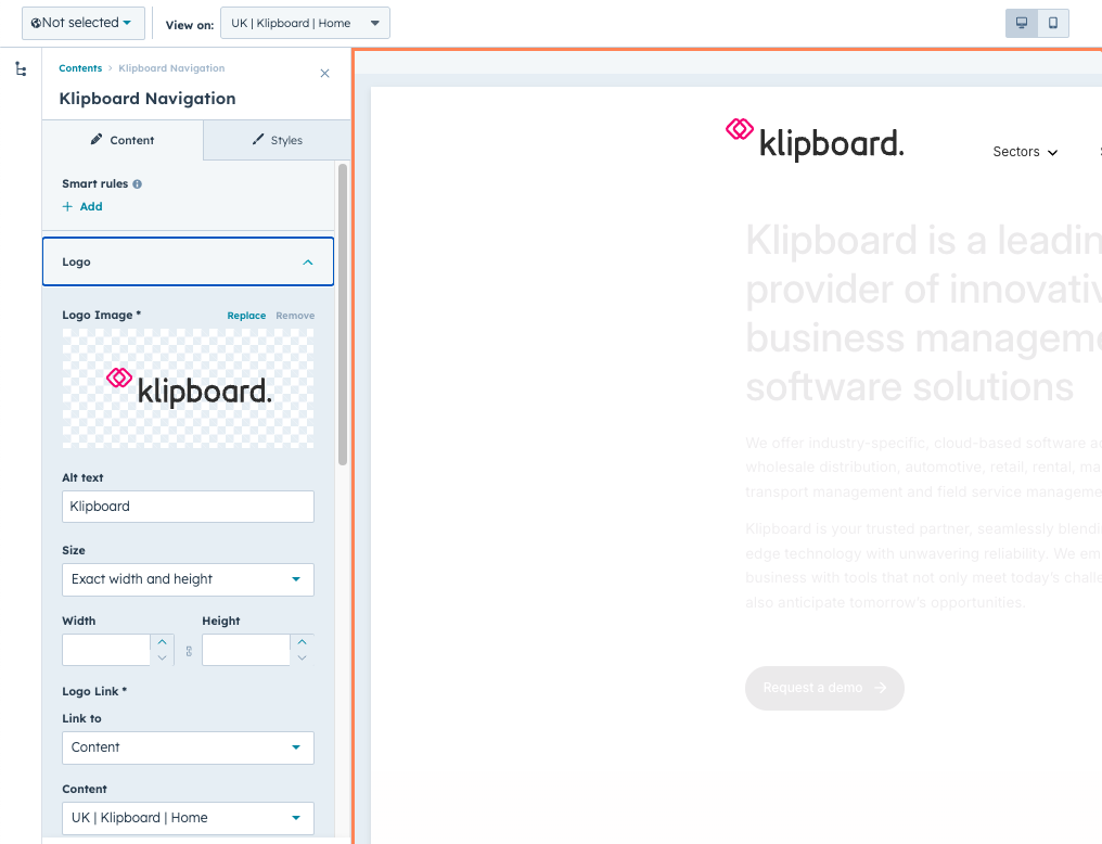 Logo configuration panel showing image upload and link settings